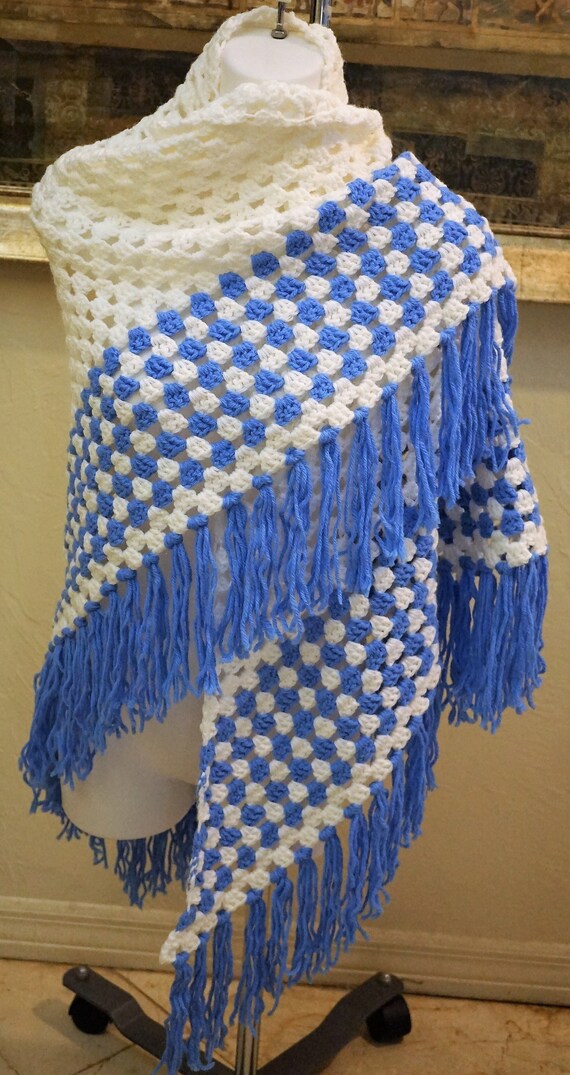 Hand Knit Shawl Wrap, Fringed Edge White and Blue 