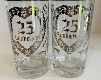 25th Anniversary Silver Trim High Ball Glasses, Giftware. Great sale now  Eight Dollars Each. SoniaCollectibles Glassware