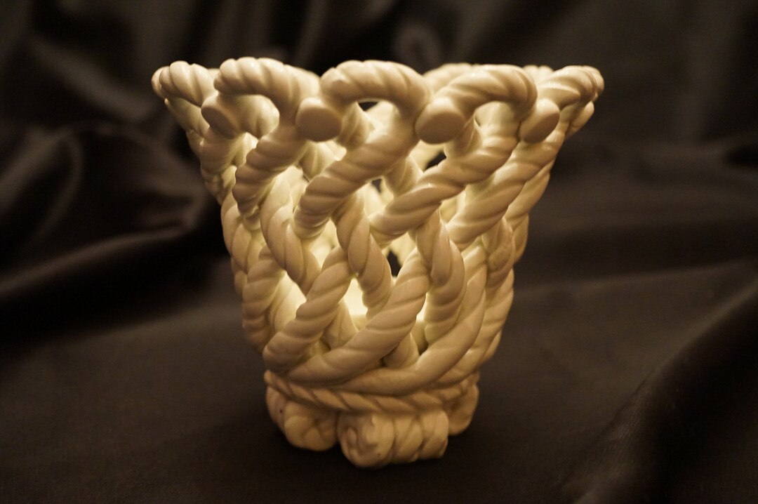 Vintage Ceramic Rope Bowl: Glazed White Pedestal Vase, Nautical Decor ...