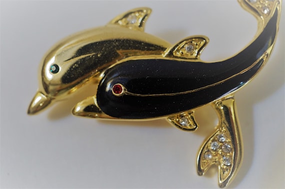 Vintage Dolphin Pin, Gold and Black Rhinestone Tr… - image 2