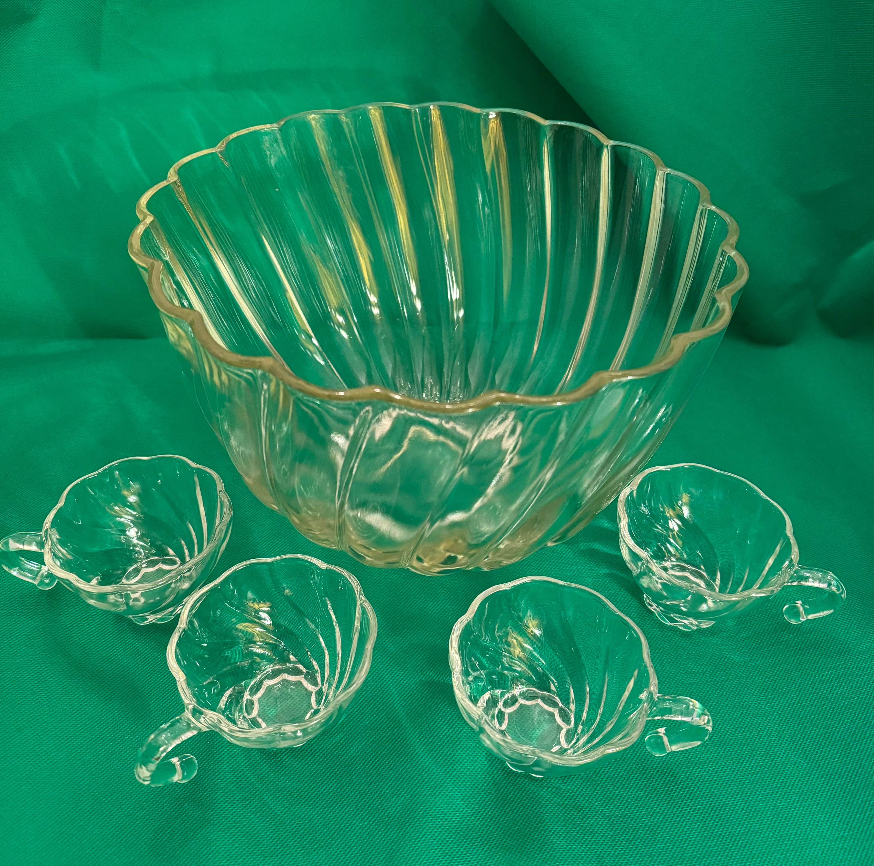 Vintage Hazel Atlas swirl punch bowl and 4 cups. Beautiful bowl thick and heavy 10 1/2" wide by 8" high. Punchbowl/Cocktail server. Giftware