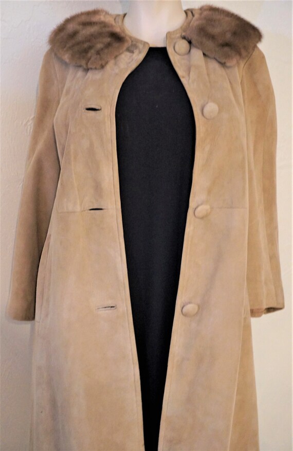Suede Leather Coat Mink Collar Tan Color Full Leng