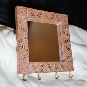 Home Decor ~ Hand Made Mirror~Wall Decoration~Home Decor~Carved Wooden Frame has 4 Hooks~Small Wall Mirror 9 1/4&quot; square~Home Decor~Gifts
