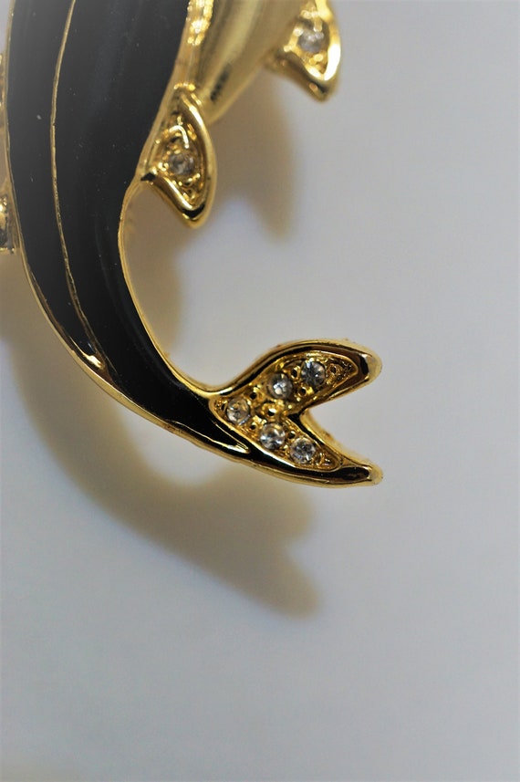 Vintage Dolphin Pin, Gold and Black Rhinestone Tr… - image 3