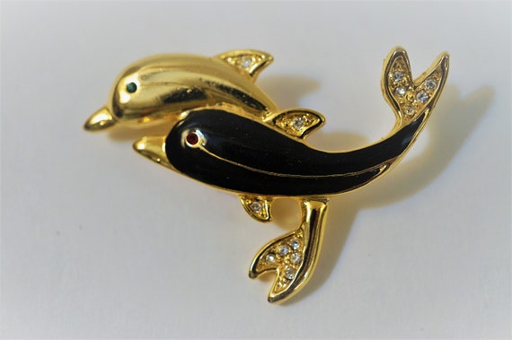 Vintage Dolphin Pin, Gold and Black Rhinestone Tr… - image 1