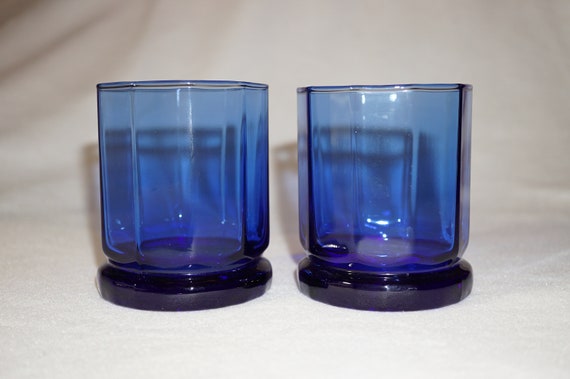 Two Cobalt Blue Vintage Stamped Anchor Hocking Drinking Glasses~10 Panel Essex Pattern~Footed Tumblers~Lowball~Whiskey~Rocks~Bar~Water