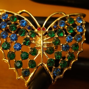 Vintage Rhinestone Pendant, Butterfly Design Brooch Blue Green Red Gemstones, Goldtone Metal, Colorful Vintage Pin,SoniaCollectibles