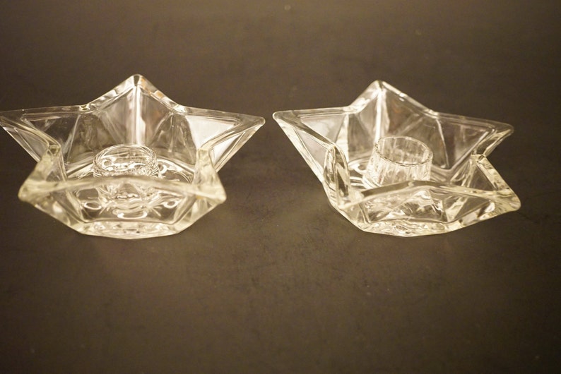 Vintage Clear Glass Star Shaped Candle Holders Set of Two, Sunburst