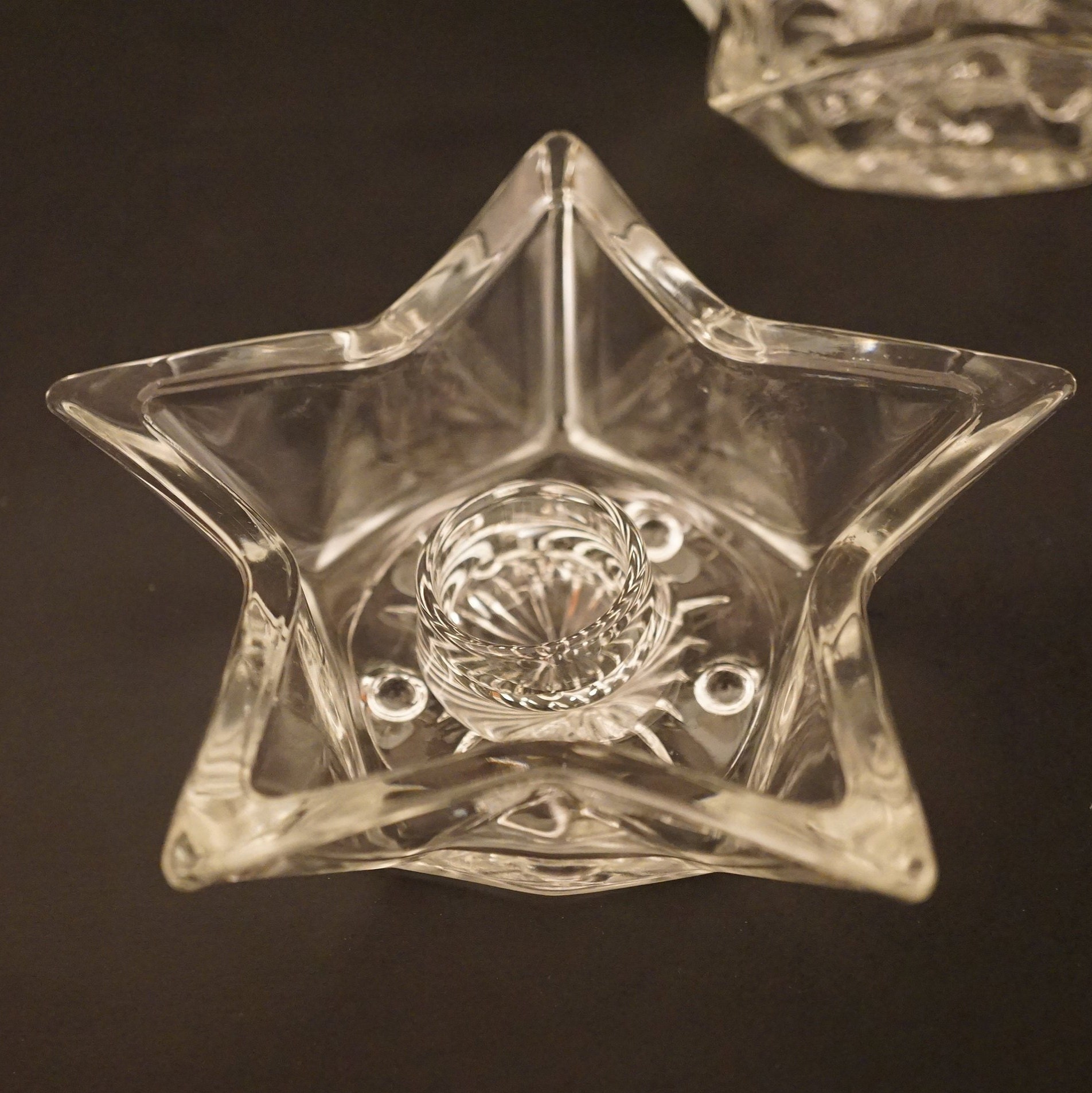 Vintage Clear Glass Star Shaped Candle Holders Set of Two, Sunburst