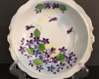 Vintage Norcrest Violet Bowl, Norcrest L325, 1950’s, Painted Sweet Purple Violets Green Leaves, 7 3/8&quot;,Exc,  Norcrest Japan, White Porcelain