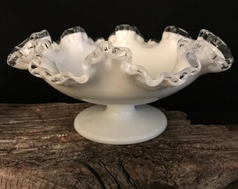 Large Fenton Bowl, Vintage, Silver Crest White Fenton, Crimped Ruffled Bon-Bon Bowl,Dish, White Milk Glass Pedestal Bowl, Double Ruffled Rim