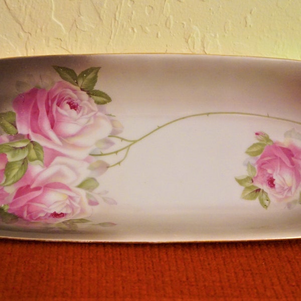 Beautiful Royal Munich Z.S.& Co. Oval Serving Dish Long Stem Pink Roses White Green Background Excellent Vintage Dish, Home Decor, Giftware