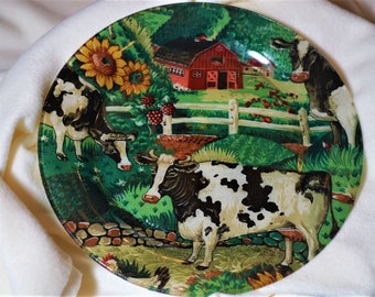 Vintage Farm Scene Glass Plate: Country Barn & Cows Decor (10 inch)