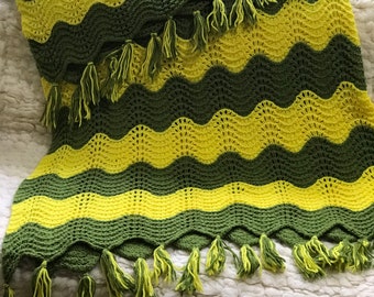 Handmade Vintage Afghan Blanket: Striped Green & Yellow Throw (68" x 64")