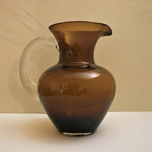 Wow! Art Glass Pitcher Vase Amber Color Clear Handle Hand Blown, Pontil Mark, Vintage Artsy, Tall, Vase, SoniaCollectibles Glassware