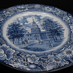 Vintage Liberty Blue Staffordshire Plate: Independence Hall Floral Rim