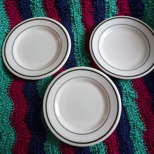 Pyrex, Set of 3, Restaurant Ware, Double Tough, Milk Glass, Emerald green band, Dessert or Bread and Butter plates