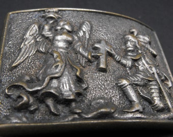 Vintage Fraternal Belt Buckle Knight Kneeling before Cross Held by Angel