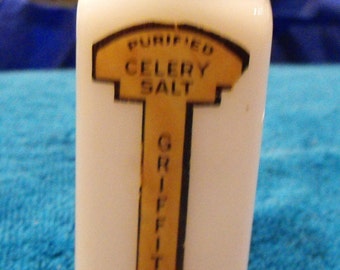 Griffith's Milk Glass Spice Container with Black Lid -  Celery Salt
