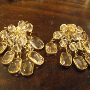 Vintage Costume Post Earrings: Clear Beads, Gold Tone, 2&quot; Drop