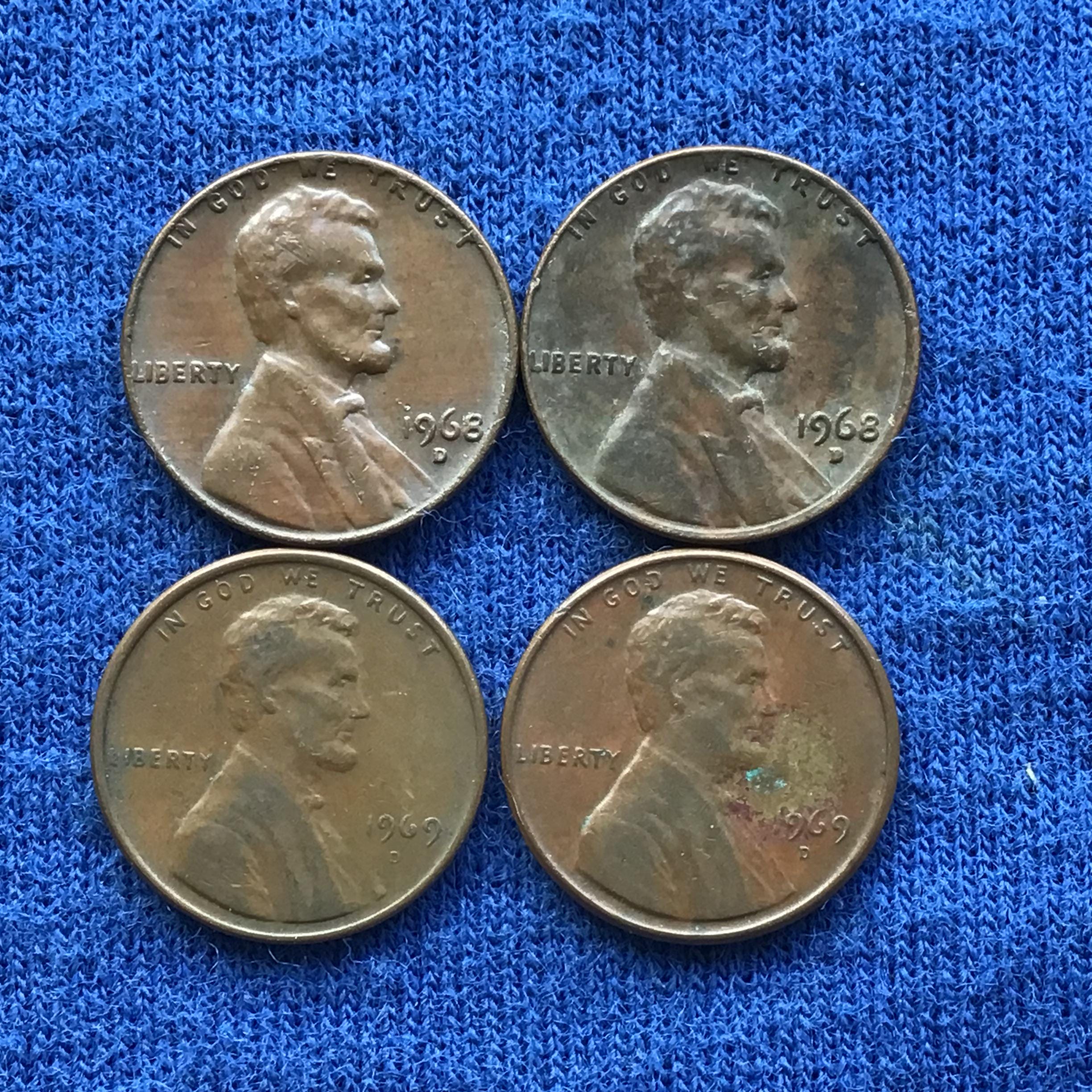 1968D & 1969D Lincoln Memorial Pennies, Set of 4, Vintage US Coins