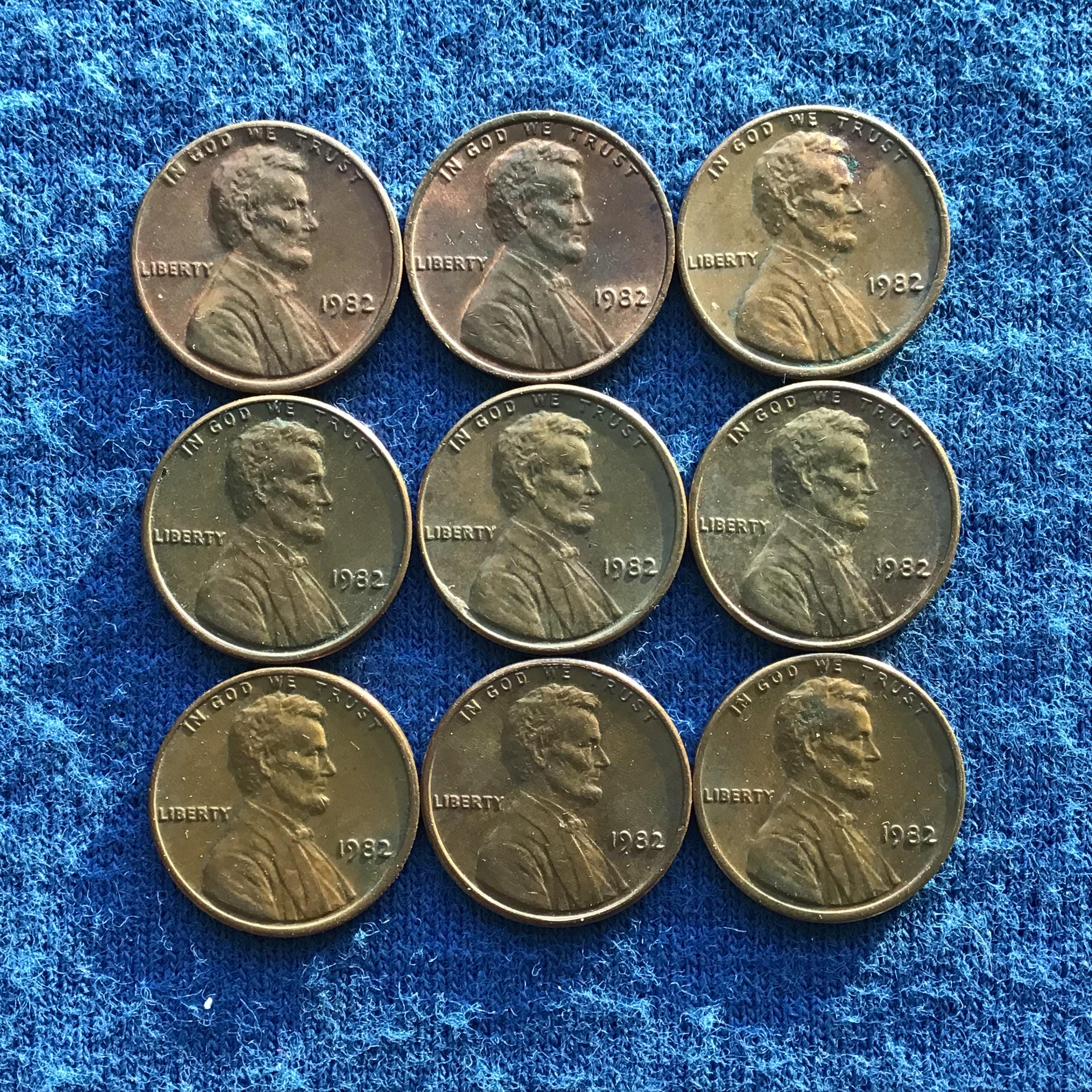 1982 P Lincoln Copper Penny Set, Large Date, AU-Uncirculated, Lot of 9