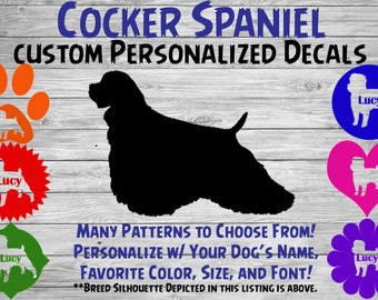 Cocker Spaniel Personalized Silhouette Vinyl Decal / Dog Breed Decal /Car Window Decal / Custom Tumbler or Phone Sticker / Dog Name Sticker
