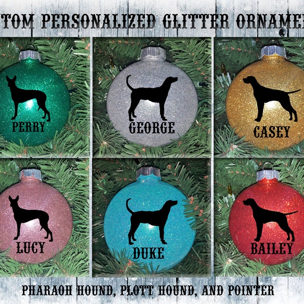 Pharaoh Hound / Plott Hound / Pointer Custom Personalized Dog Plastic Glitter Tree Ornament / Names / Memorial / Christmas Gift Decor