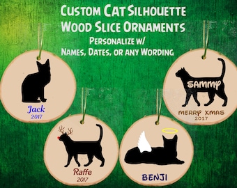 Custom Personalized Cat Silhouette Wood Slice Ornament / Angel / Reindeer / Memorial / Christmas Kitty Gift Decor / Cat Lovers / Kitten