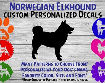 Norwegian Elkhound Personalized Dog Silhouette Vinyl Decal - Dog Sticker - Window Car Sticker – Yeti Tumbler, Phone - Custom Dog Name Decal