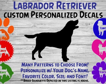 Labrador Retriever personalizado perro silueta vinilo calcomanía - Pegatina de perro - Pegatina del coche de la ventana - Yeti Tumbler, teléfono - Calcomanía de nombre del perro personalizado