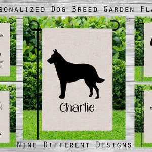 May include: Nine different designs for personalised dog breed garden flags. The flags feature silhouettes of dogs with text that says "Don't bother knocking, Jack already knows you're here!"  "In loving memory of Benji 2010-2022"  "Charlie"  "Watson, No longer by my side, but always in my heart."  "Home is where my Duke is."