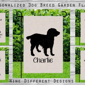 May include: Nine different designs for personalized dog breed garden flags. The flags feature silhouettes of dogs with names and text such as "Don't bother knocking! Jack", "In loving memory of Benji 2010-2022", "No longer by my side, but always in my heart. Winston", "Home is where my Duke is", and "Charlie".