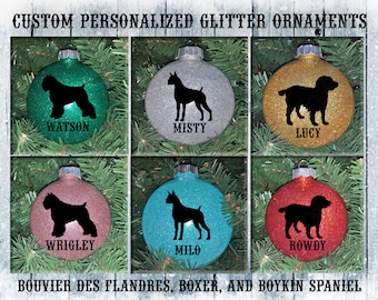 Bouvier des Flandres / Boxer / Boykin Spaniel Custom Personalized Name Dog Glitter Tree Ornament / Christmas Tree Gift Decor / Ring Trophy