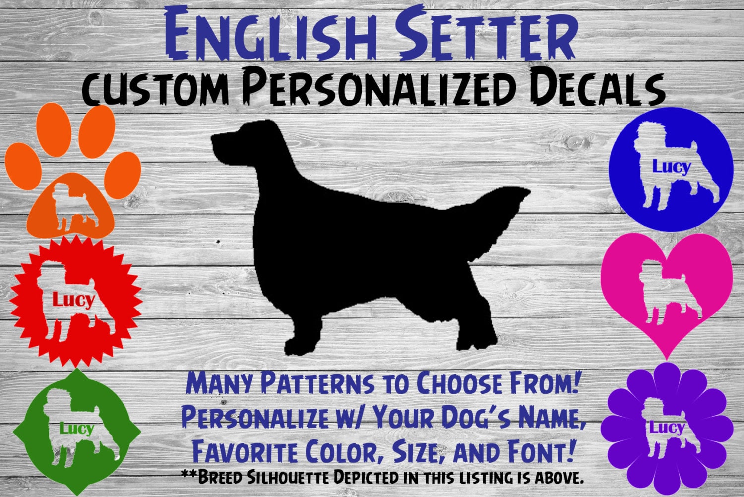 English Setter Personalizowana naklejka winylowa z sylwetką - Naklejka na okno - Naklejka na samochód - Kubek z imieniem psa, telefon - Niestandardowa naklejka z imieniem psa