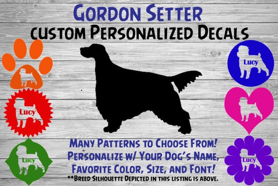 Gordon Setter Personalized Dog Silhouette Vinyl Decal - Dog Sticker - Window Car Sticker – Yeti Tumbler, Phone - Custom Dog Name Decal