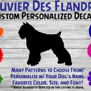 May include: Customizable Bouvier des Flandres dog breed silhouette decals in various colors and patterns. The decals can be personalized with a dog's name, favorite color, size, and font. The image shows examples of the decals with the name "Lucy" in different colors and shapes.