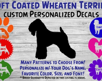 Soft Coated Wheaten Terrier Personalized Dog Silhouette Vinyl Decal - Dog Sticker - Window Decal - Car Sticker – Dog Name Tumbler– Custom