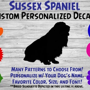 Sussex Spaniel Personalized Dog Silhouette Vinyl Decal - Dog Sticker - Window Decal - Car Sticker – Dog Name Tumbler, Phone – Custom Decal