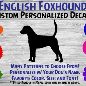 Englischer Foxhound Personalisierte Silhouette Vinyl Aufkleber - Fensteraufkleber - Autoaufkleber - Hundename Tumbler, Telefon - Personalisierter Hundename Aufkleber