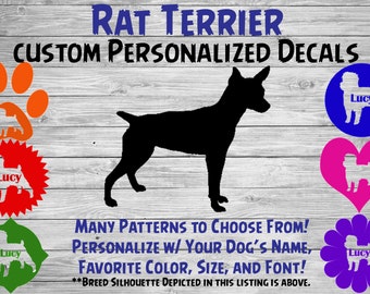 Decalque de vinil com silhueta de cachorro personalizado Rat Terrier - Adesivo de cachorro - Decalque de carro - Adesivo personalizado - Adesivo com nome de cachorro - Para copo, telefone, carro
