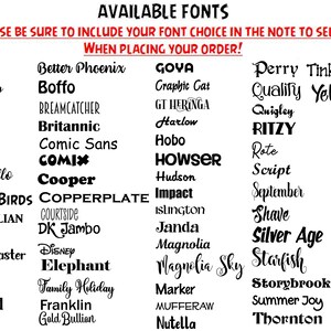 May include: A list of available fonts for use in a design project. The fonts are displayed in black text on a white background.