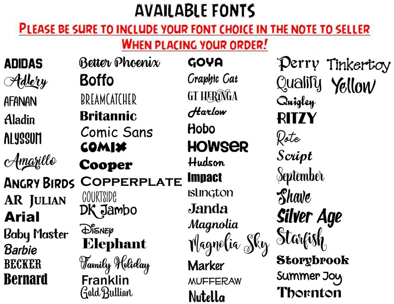 May include: A list of available fonts for use in a design project. The fonts are displayed in black text on a white background.