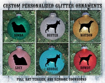 Puli / Rat Terrier / Redbone Coonhound Custom Personalized Dog Plastic Glitter Tree Ornament / Names / Memorial / Christmas Tree Gift Decor