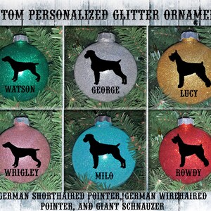 Duitse kortharige pointer / Duitse wirehaired pointer / gigantische schnauzer aangepaste persoonlijke naam hond glitter ornament / kerstboom decor