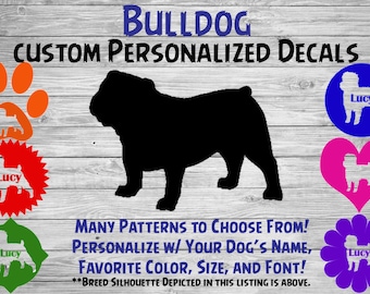 Bulldog Gepersonaliseerde Hond Silhouet Vinyl Sticker - Hond Sticker - Window Decal - Auto Sticker - Hond Naam Tumbler, Telefoon - Aangepaste Naam Sticker