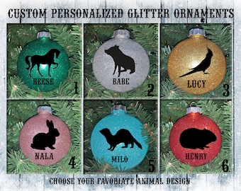 Horse / Potbelly Pig / Cockatiel Bird / Rabbit  / Ferret / Hamster Custom Personalized Glitter Tree Ornament / Names / Christmas Gift -Decor