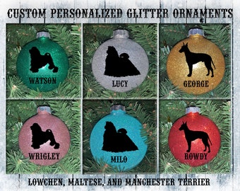 Lowchen / Maltese / Manchester Terrier Custom Personalized Name Dog Glitter Ornament / Christmas Tree / Rescue Group Gift / Ring Trophy
