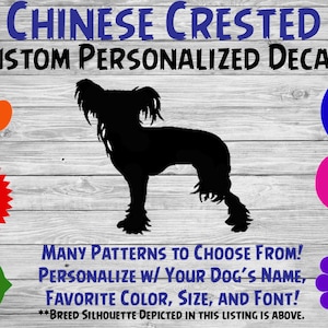 Könnte beinhalten: Individuelle Chinesische Crested Dog Silhouette-Aufkleber in verschiedenen Farben und Mustern. Die Aufkleber können mit dem Namen des Hundes, der Lieblingsfarbe, der Größe und der Schriftart personalisiert werden. Das Bild zeigt eine schwarze Silhouette eines Chinesischen Crested Hundes.