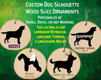 Personalized Dog Wood Slice Ornament / Angel / Reindeer / Memorial / Christmas / Labrador Retriever / Lakeland Terrier / Lancashire Heeler
